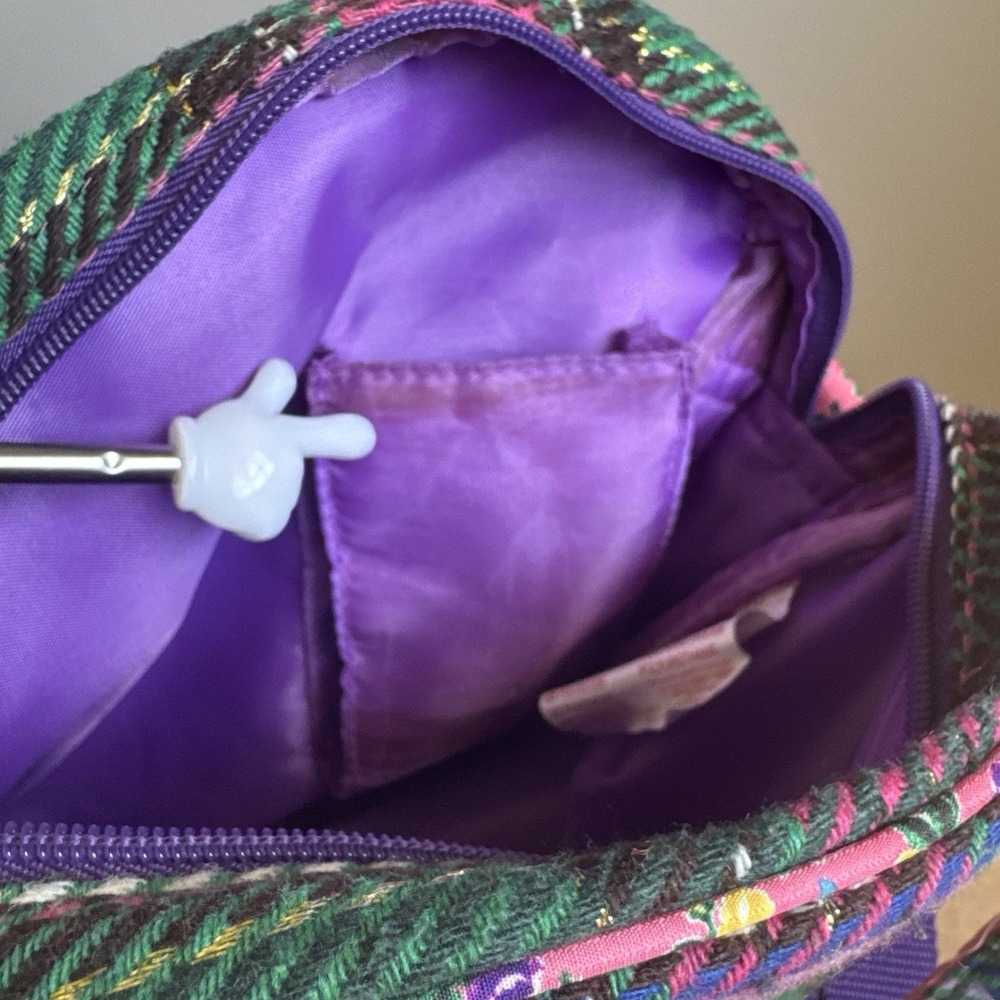 Oilily Pink Green Purple Plaid Floral Embroidered crossbody Satchel Purse - Picture 13 of 16